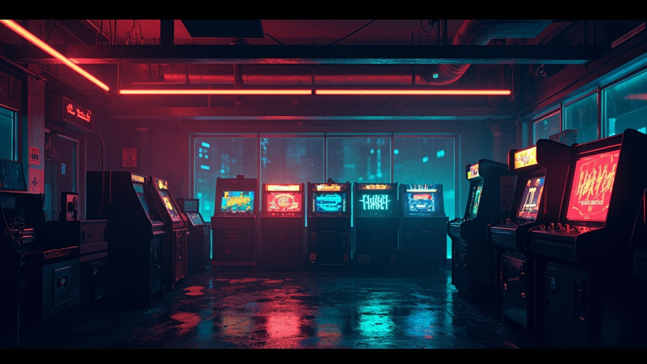 Illustration of a neon-lit retro arcade interior