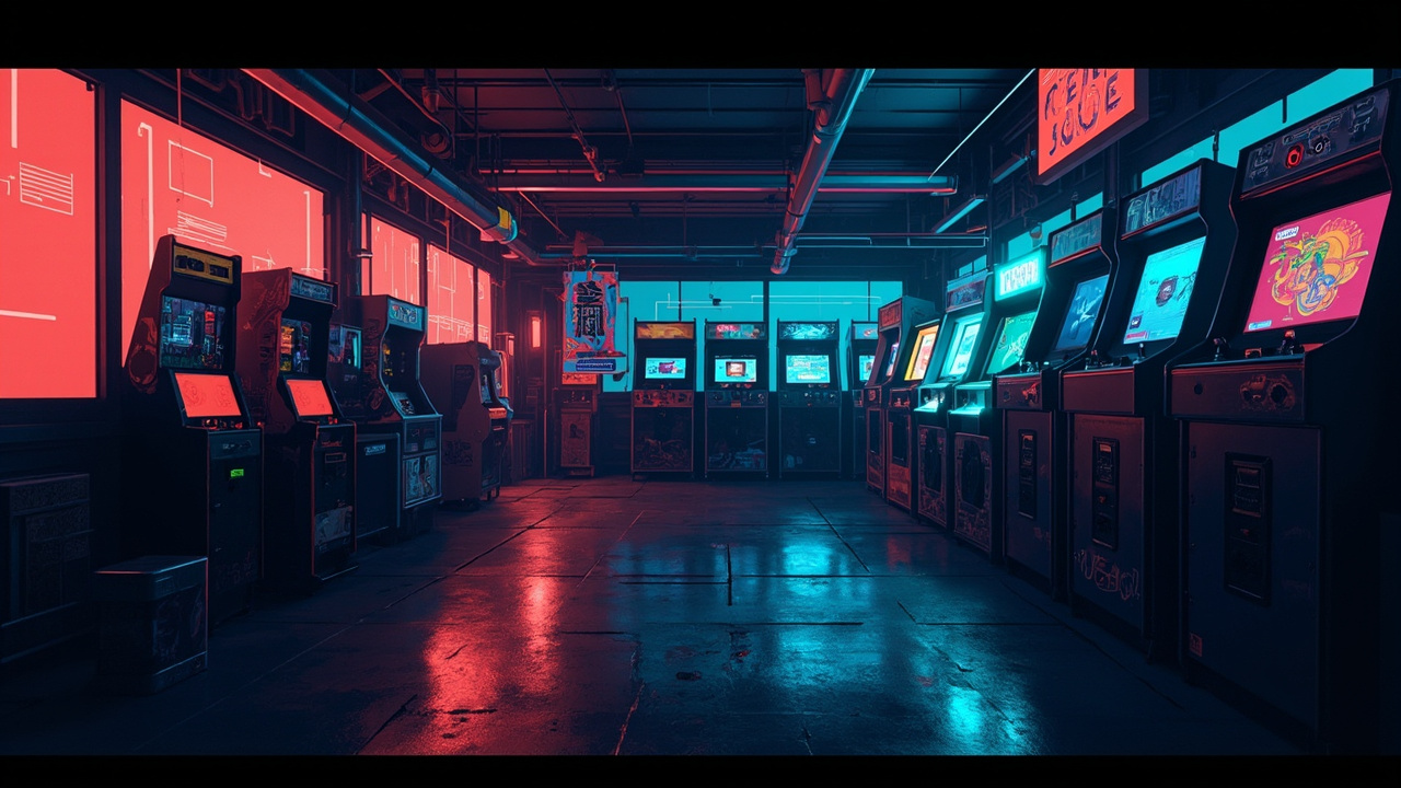 Illustration of a neon-lit retro arcade interior