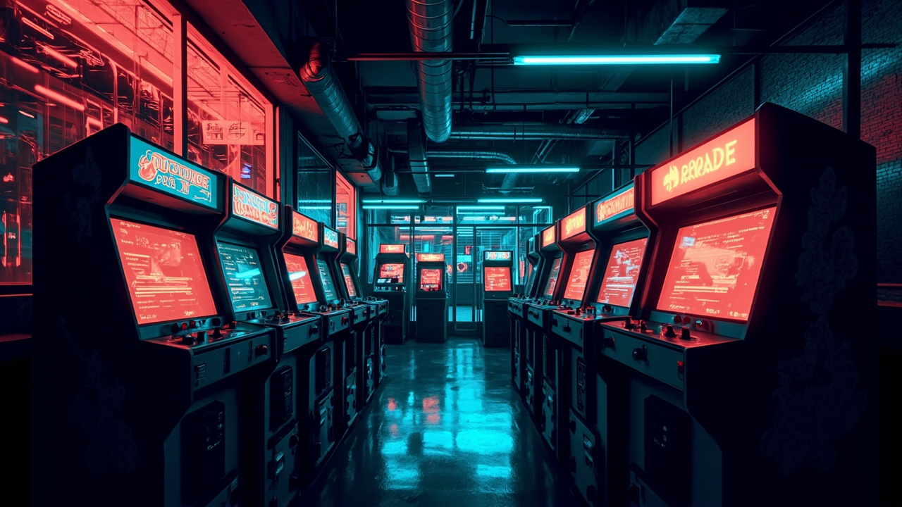 Illustration of a neon-lit retro arcade interior