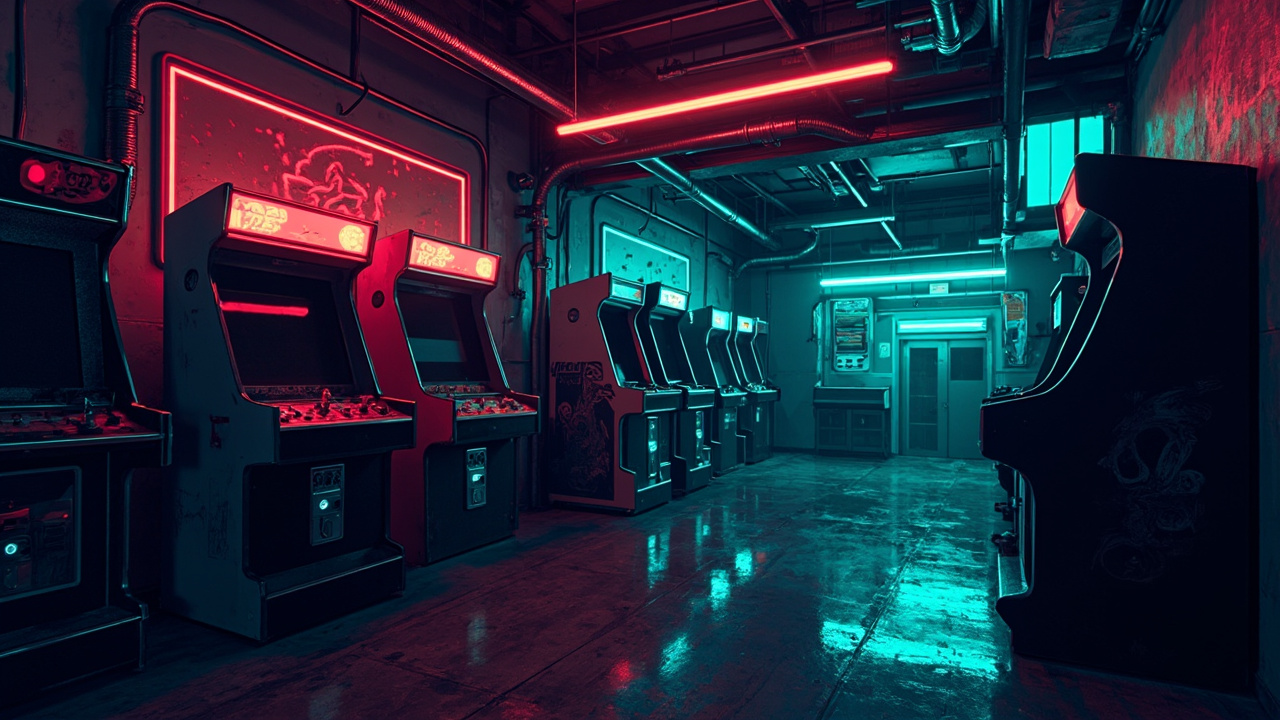 Illustration of a neon-lit retro arcade interior