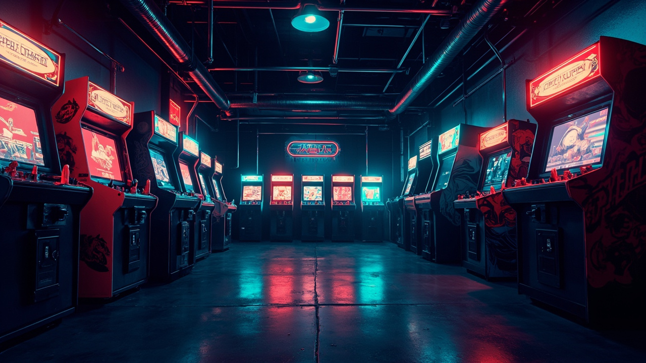 Illustration of a neon-lit retro arcade interior