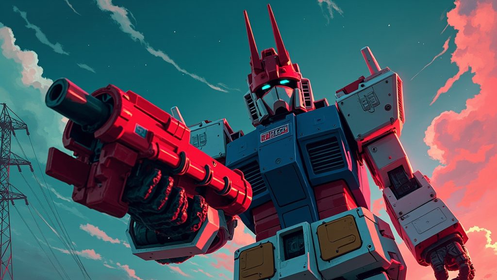Illustration: A towering red, blue, and white mechanical robot with horn-like antennae extends its massive red fist forward against a cloudy sky, with power lines stretching across the foreground.