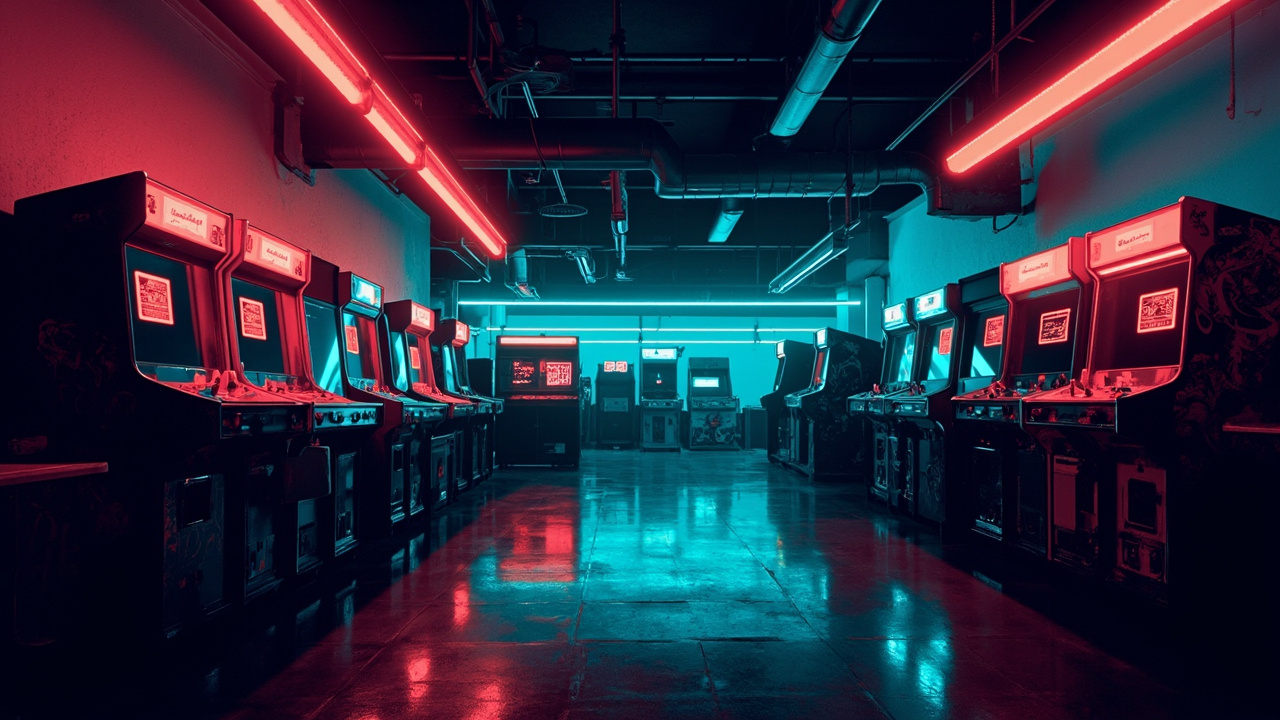 Illustration of a neon-lit retro arcade interior