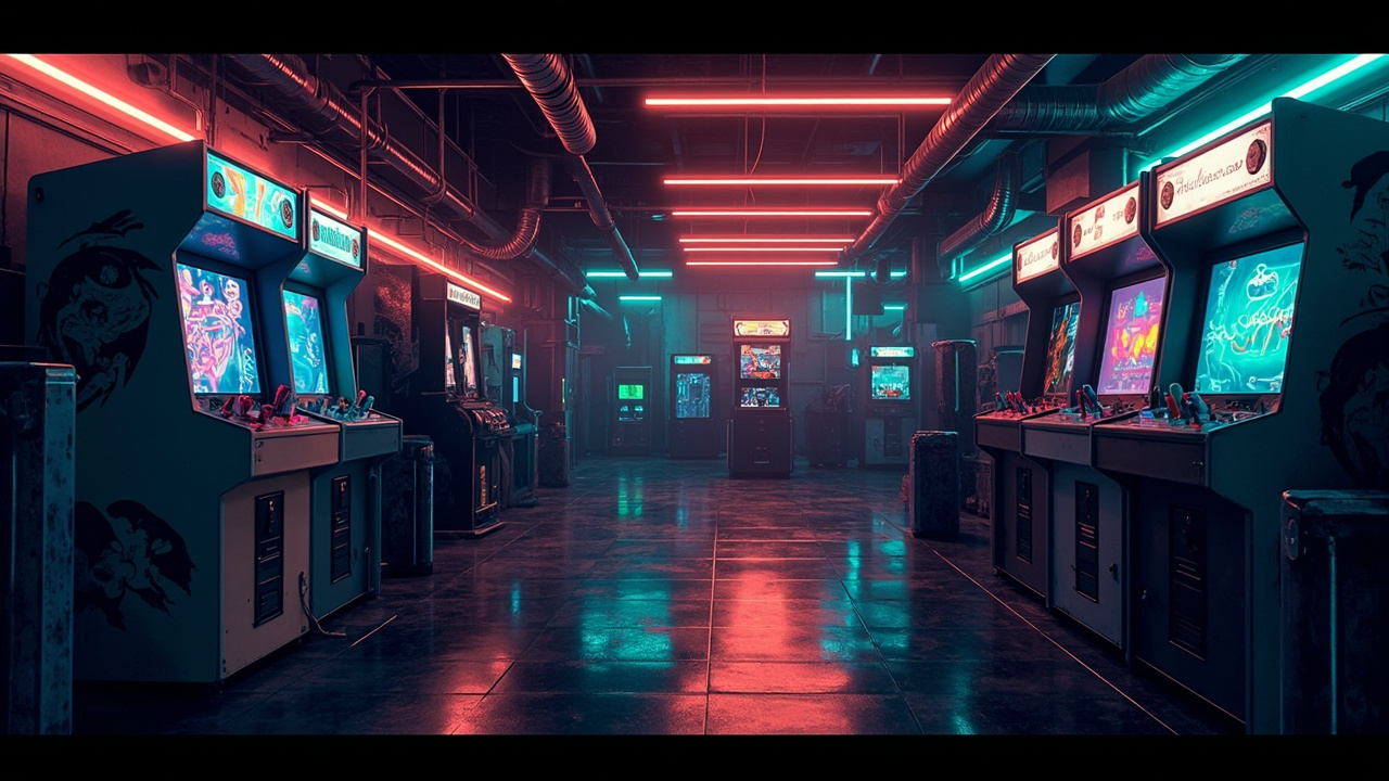 Illustration of a neon-lit retro arcade interior