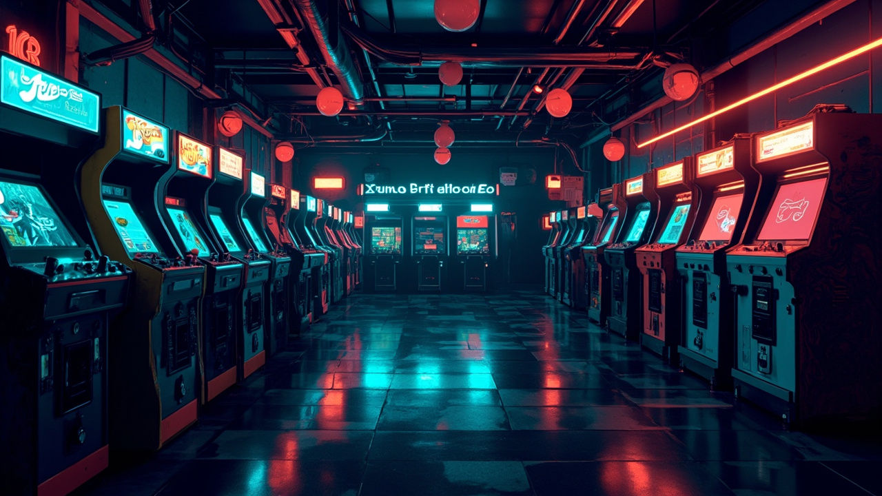 Illustration of a neon-lit retro arcade interior