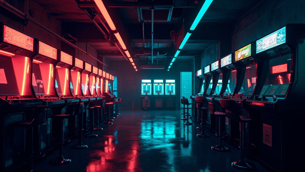 Illustration of a neon-lit retro arcade interior
