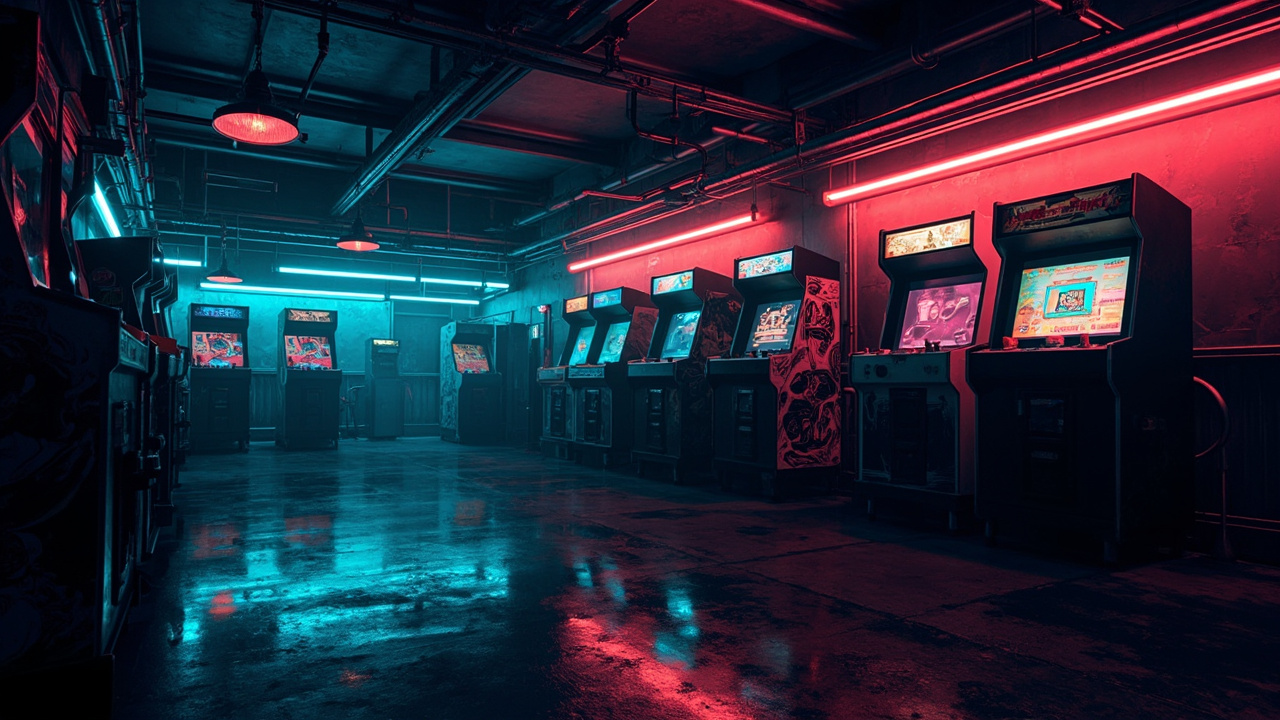Illustration of a neon-lit retro arcade interior