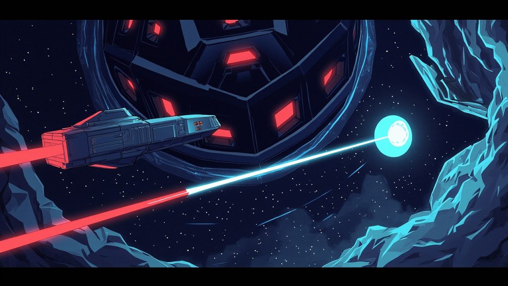 Illustration: A polygonal grey spacecraft with a red exhaust trail projects a light-blue beam toward a colossal, geometric structure featuring large red and blue glowing apertures. They are positioned within a swirling, multi-colored spatial vortex speckled with s