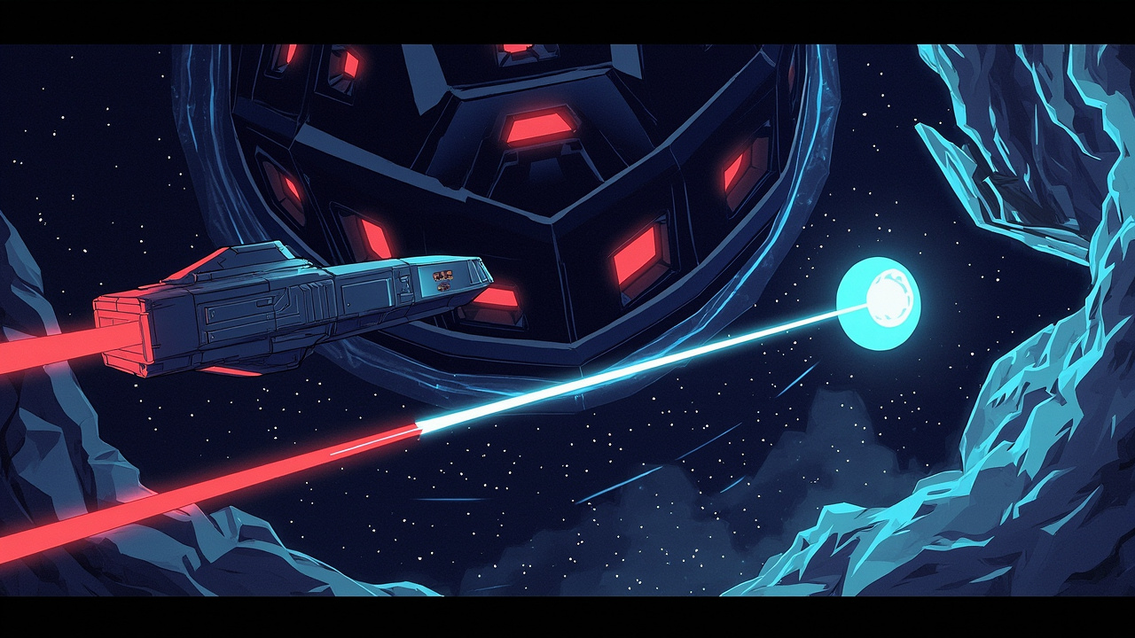 Illustration: A polygonal grey spacecraft with a red exhaust trail projects a light-blue beam toward a colossal, geometric structure featuring large red and blue glowing apertures. They are positioned within a swirling, multi-colored spatial vortex speckled with s