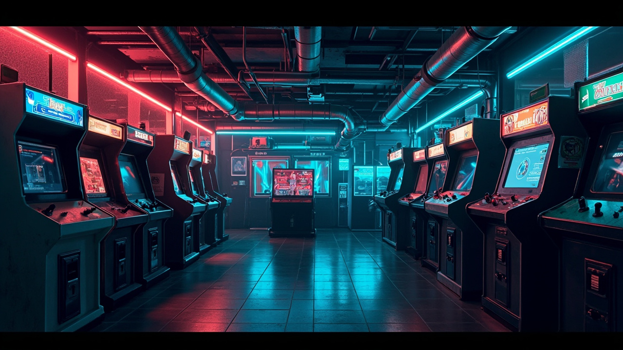 Illustration of a neon-lit retro arcade interior