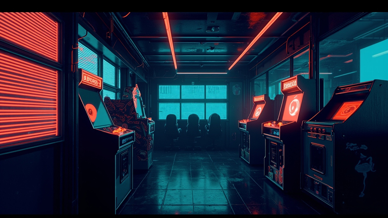 Illustration of a neon-lit retro arcade interior