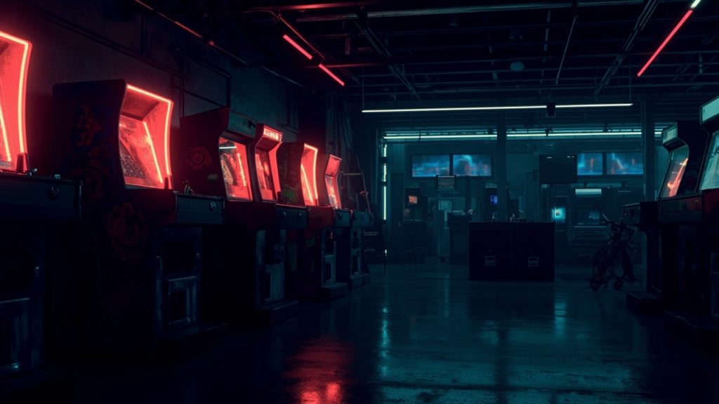 Illustration of a neon-lit retro arcade interior