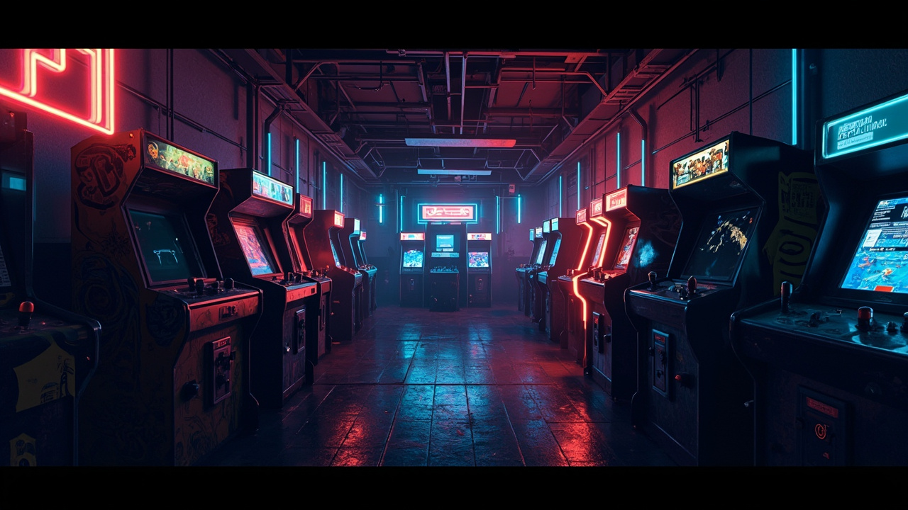 Illustration of a neon-lit retro arcade interior