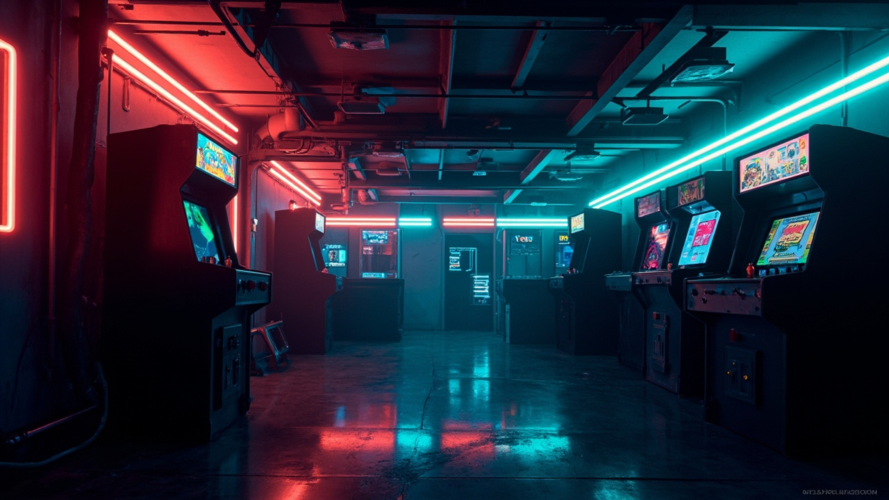 Illustration of a neon-lit retro arcade interior