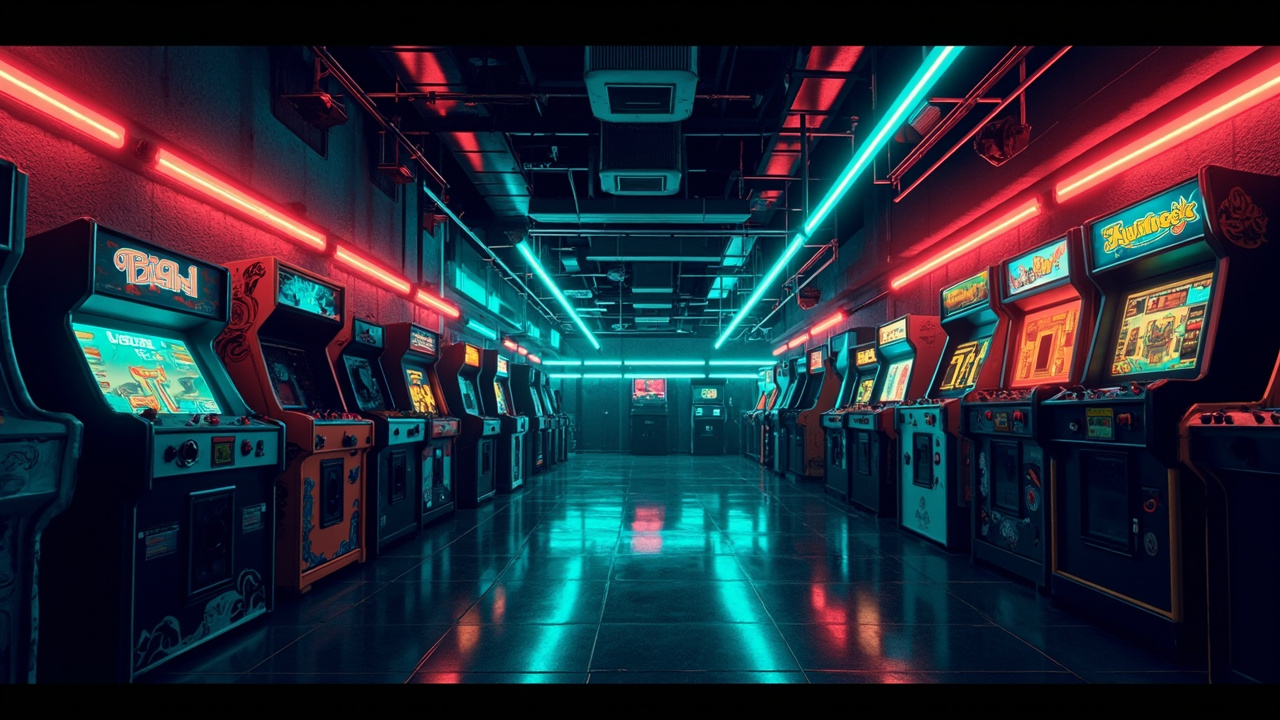 Illustration of a neon-lit retro arcade interior