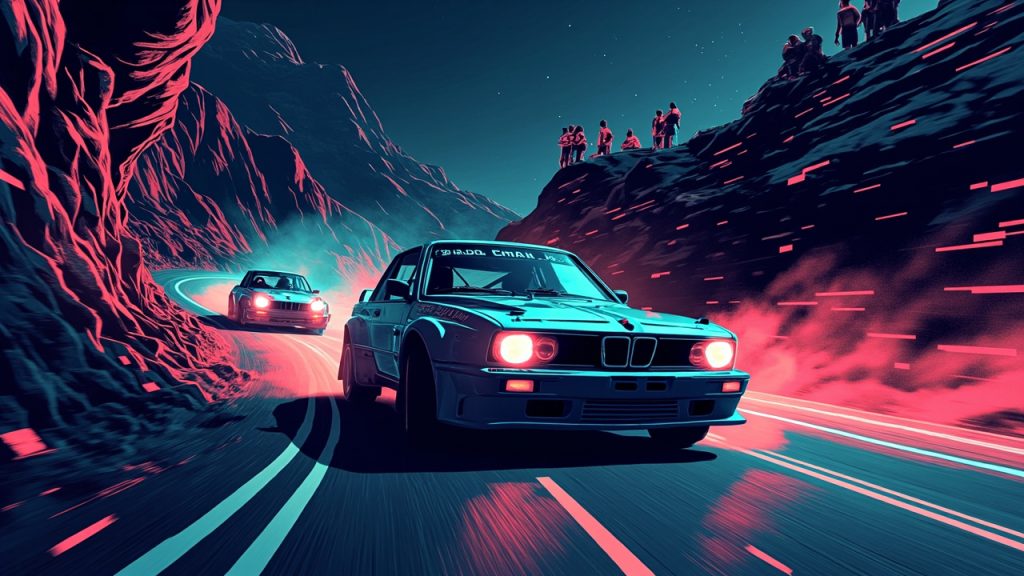 Illustration: Two rally cars race side by side on a winding paved road bordered by rocky cliffs and spectators.