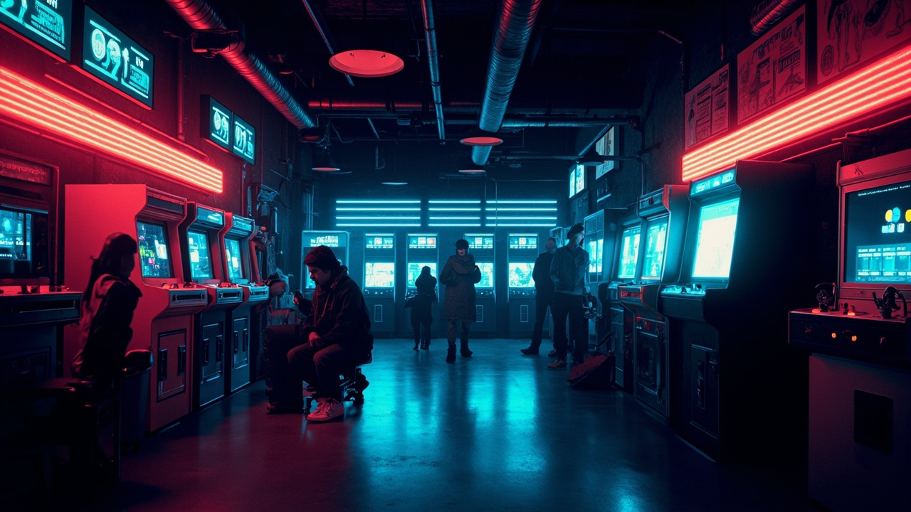 Illustration of a neon-lit retro arcade interior