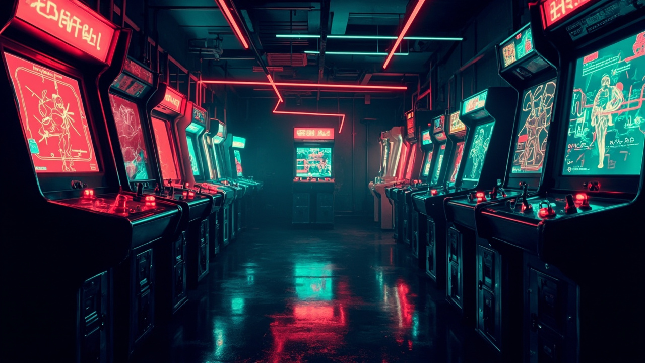 Illustration of a neon-lit retro arcade interior