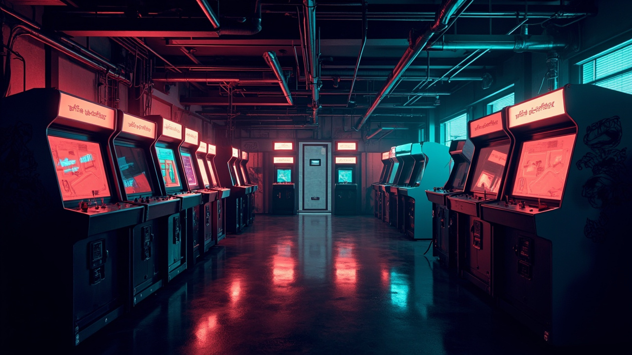Illustration of a neon-lit retro arcade interior