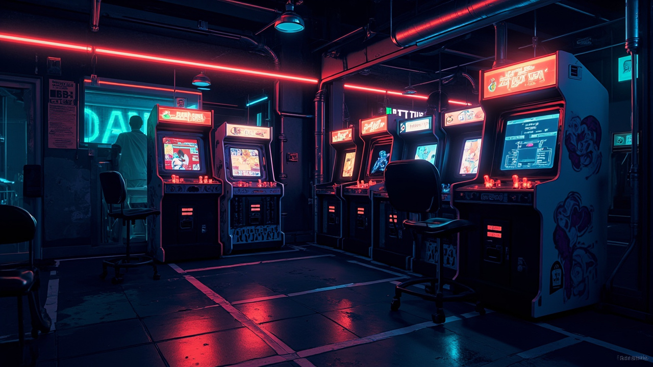 Illustration of a neon-lit retro arcade interior