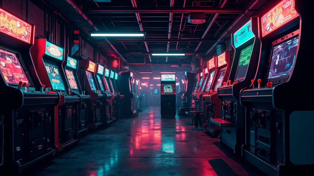 Illustration of a neon-lit retro arcade interior