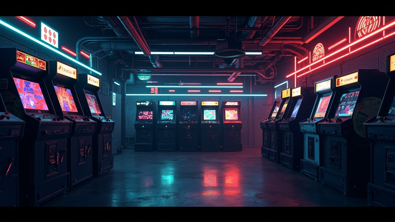 Illustration of a neon-lit retro arcade interior