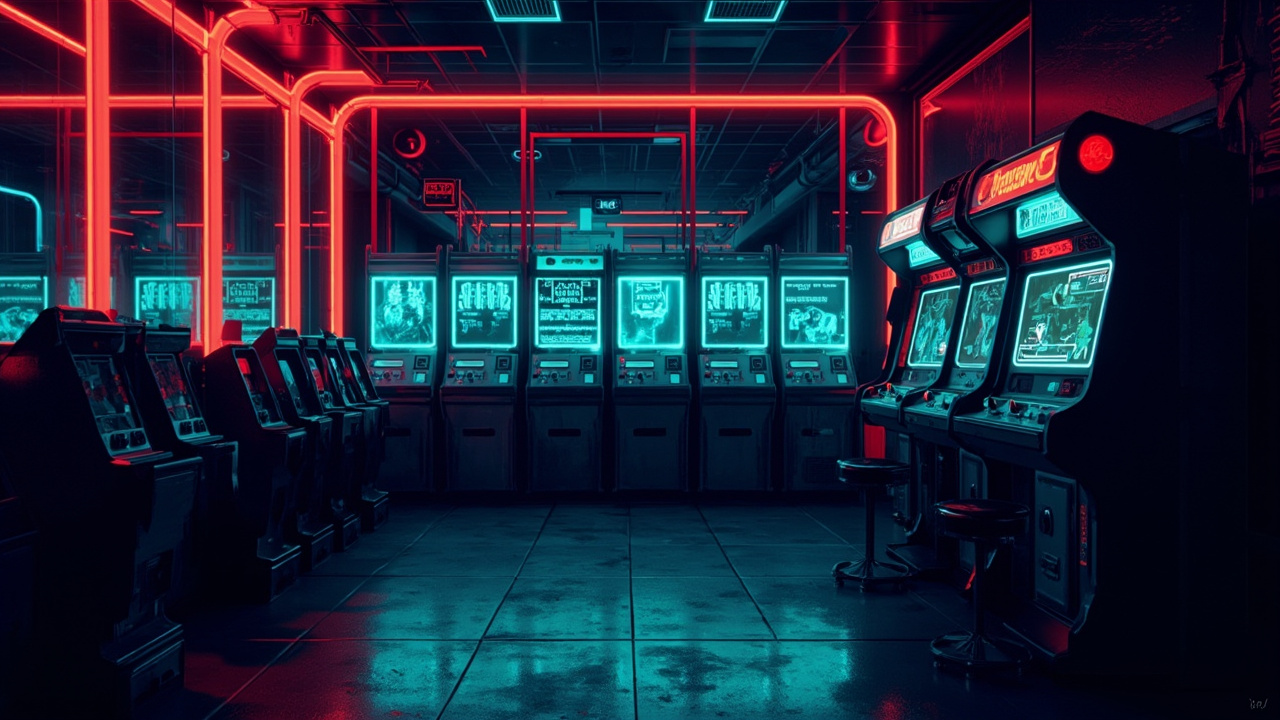 Illustration of a neon-lit retro arcade interior