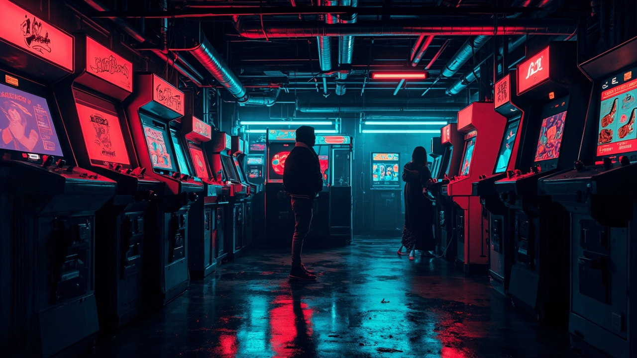 Illustration of a neon-lit retro arcade interior