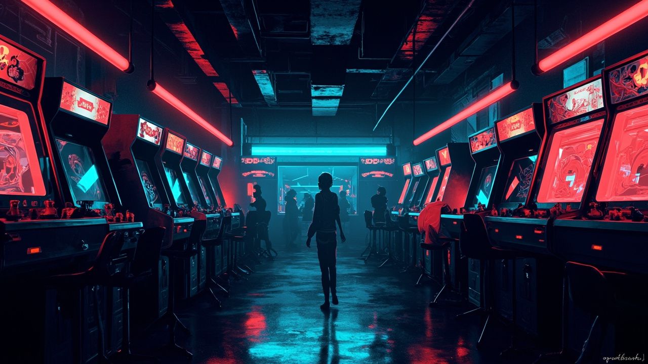 Illustration of a neon-lit retro arcade interior