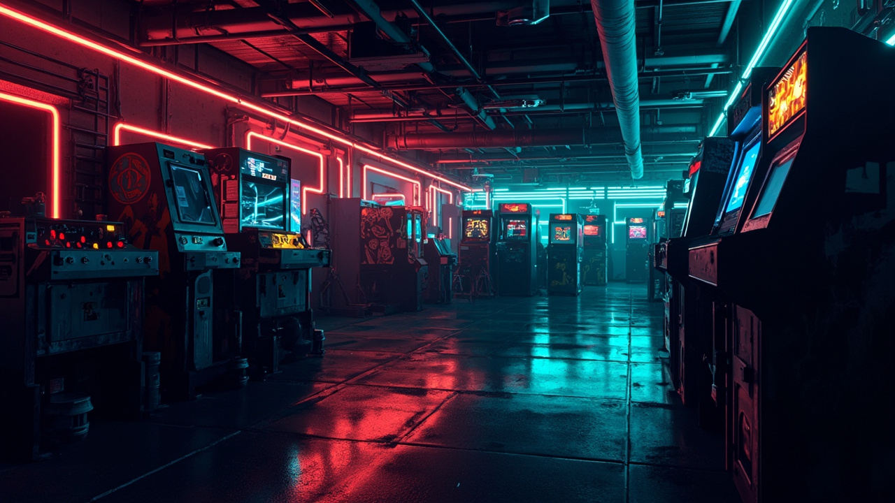 Illustration of a neon-lit retro arcade interior