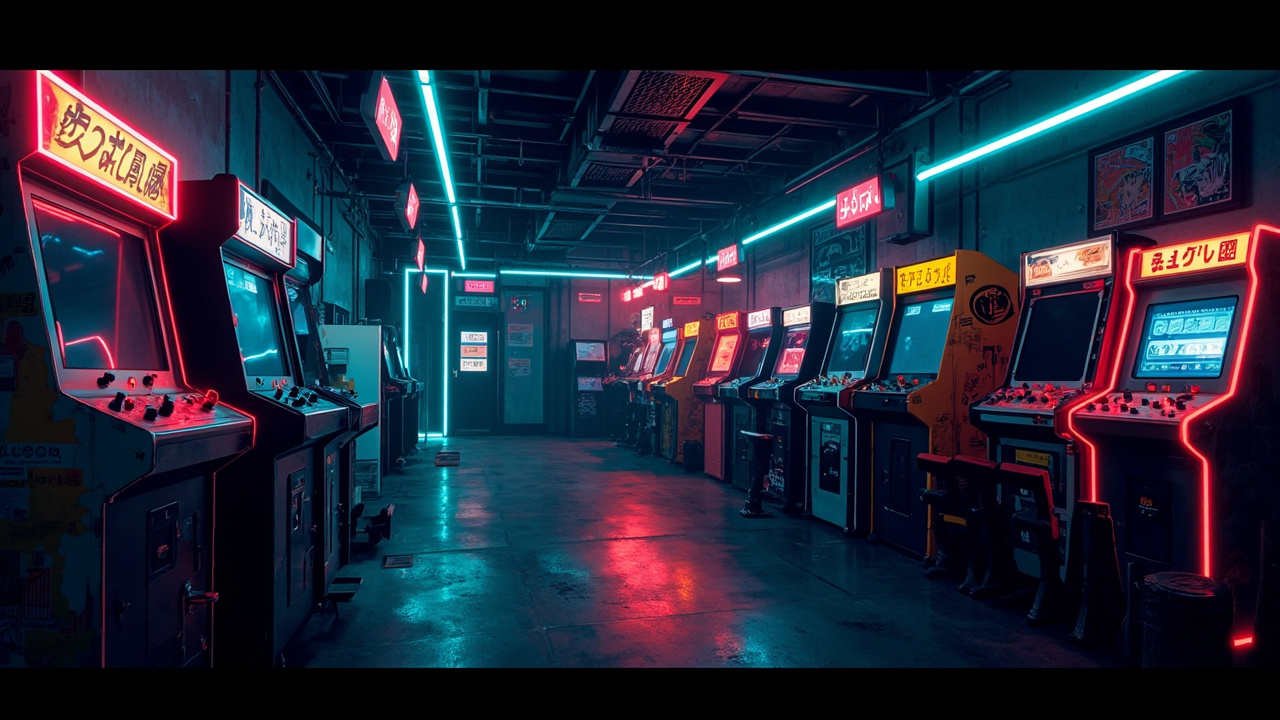 Illustration of a neon-lit retro arcade interior