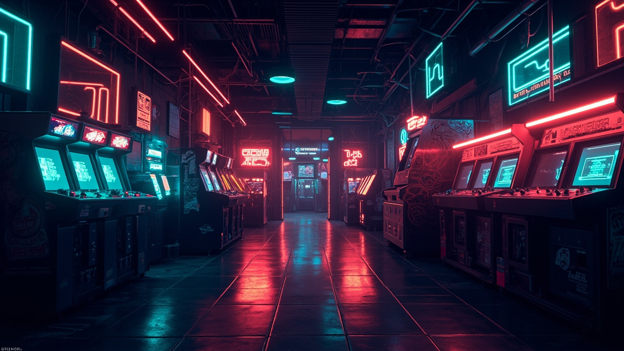 Illustration of a neon-lit retro arcade interior
