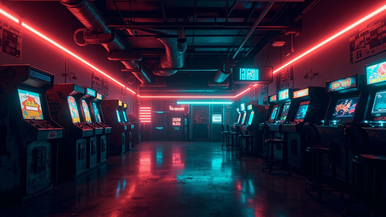 Illustration of a neon-lit retro arcade interior