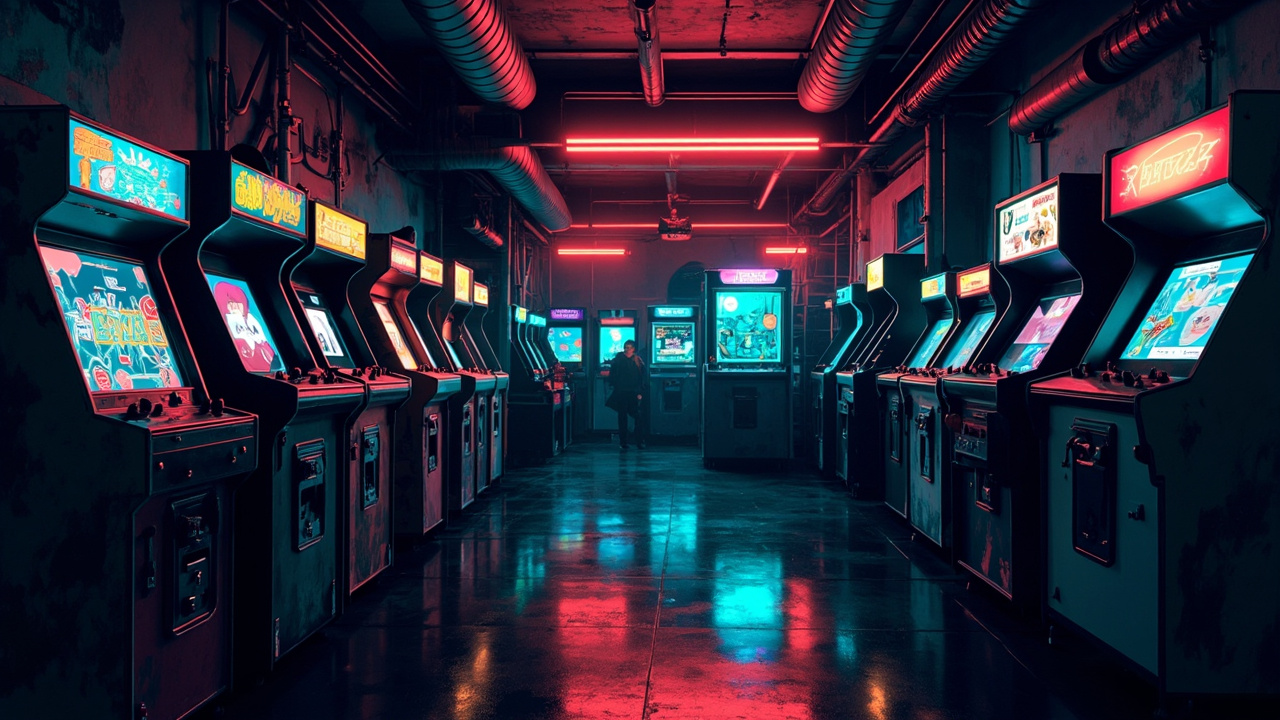 Illustration of a neon-lit retro arcade interior
