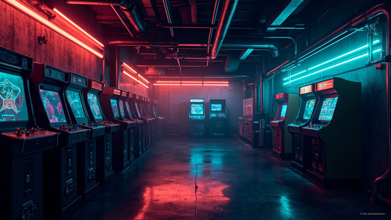 Illustration of a neon-lit retro arcade interior