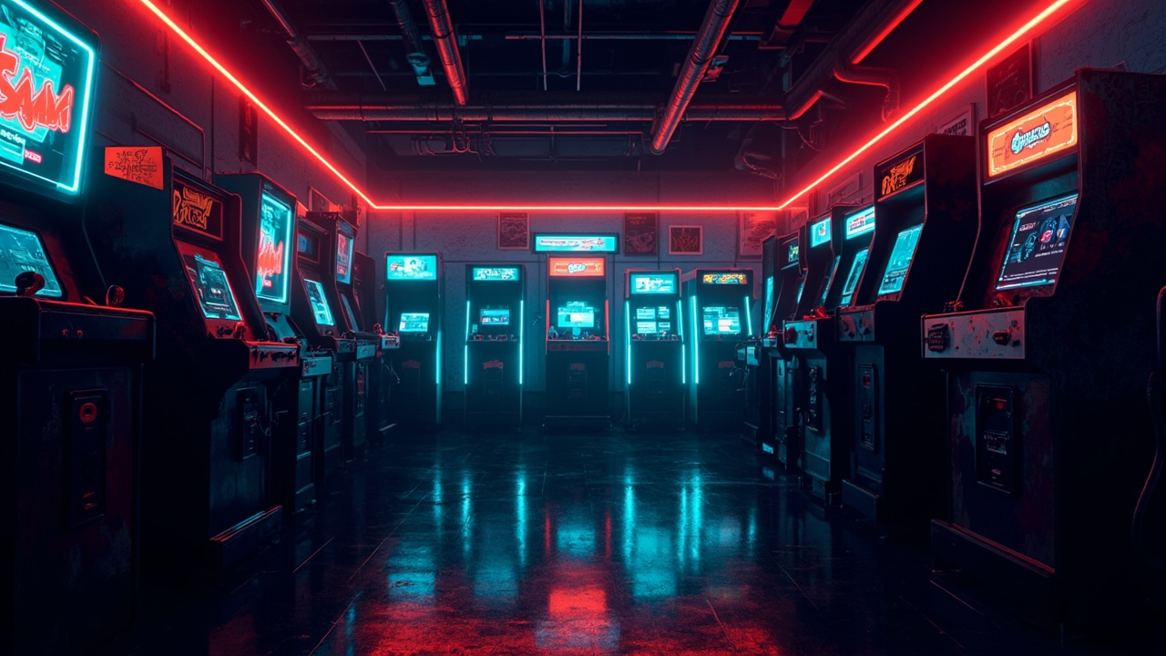 Illustration of a neon-lit retro arcade interior