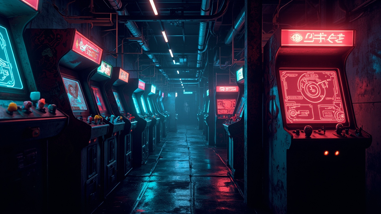 Illustration of a neon-lit retro arcade interior
