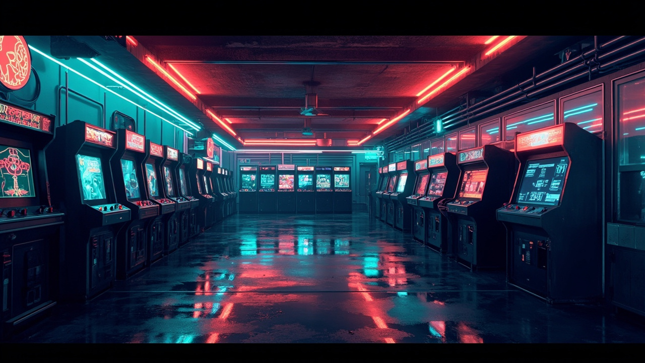 Illustration of a neon-lit retro arcade interior