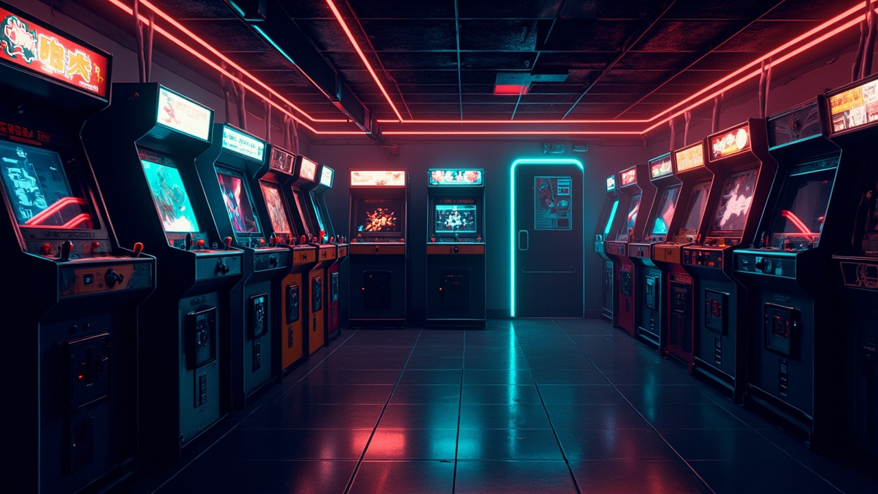 Illustration of a neon-lit retro arcade interior
