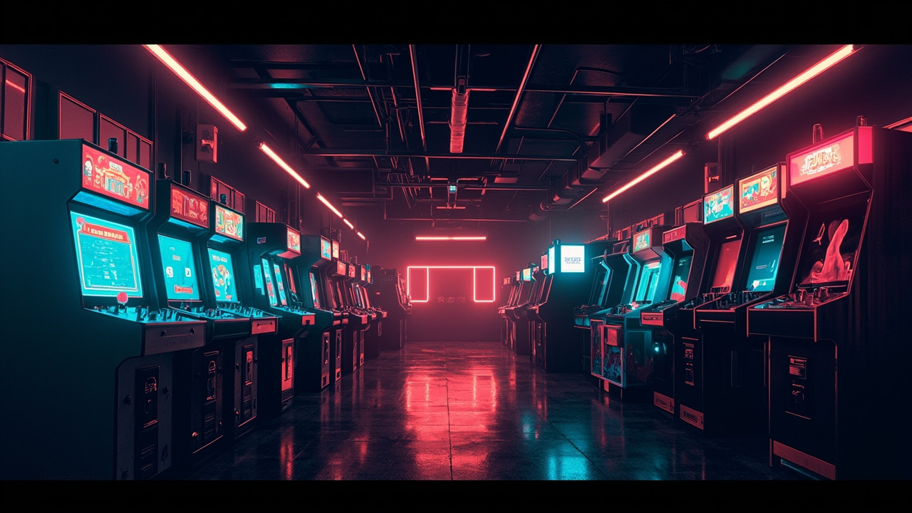 Illustration of a neon-lit retro arcade interior