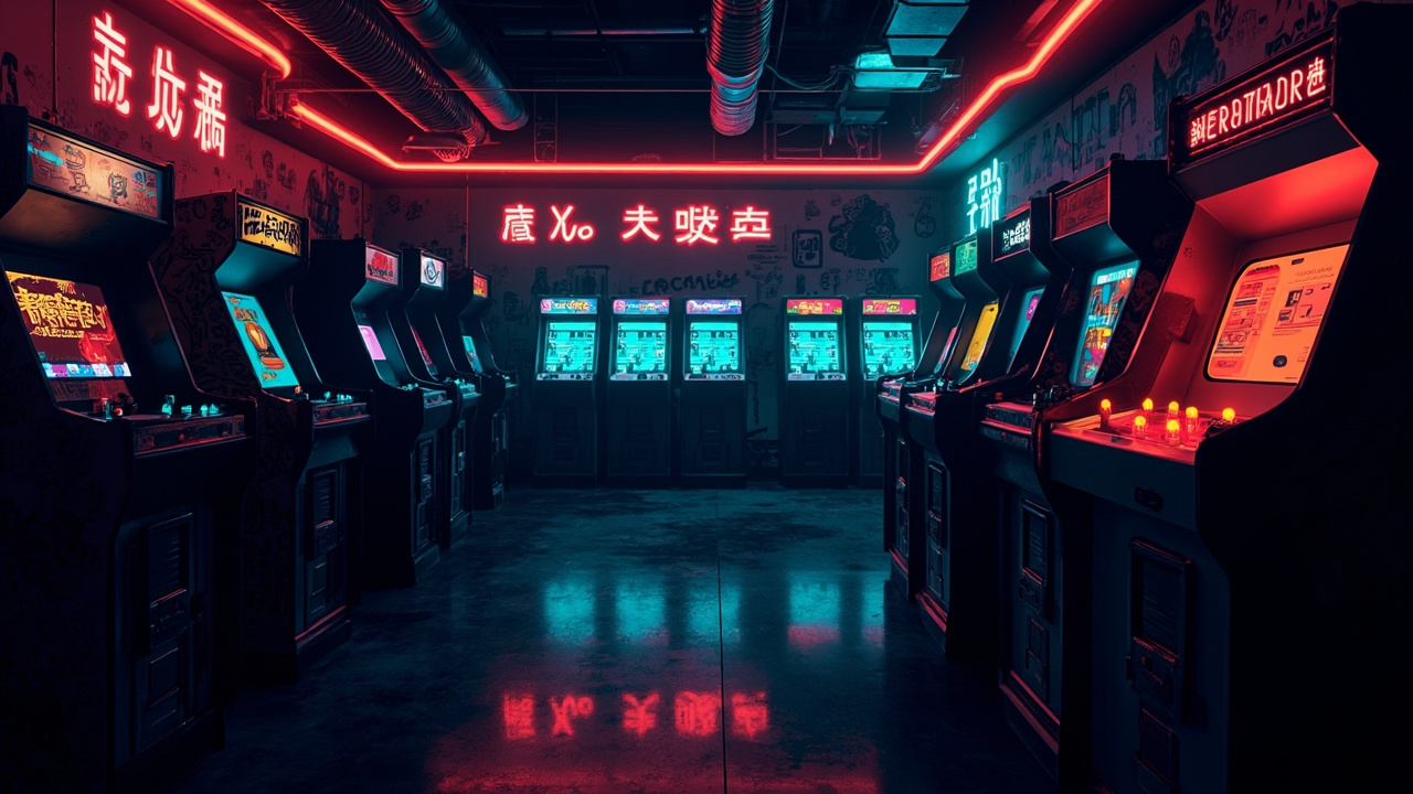 Illustration of a neon-lit retro arcade interior