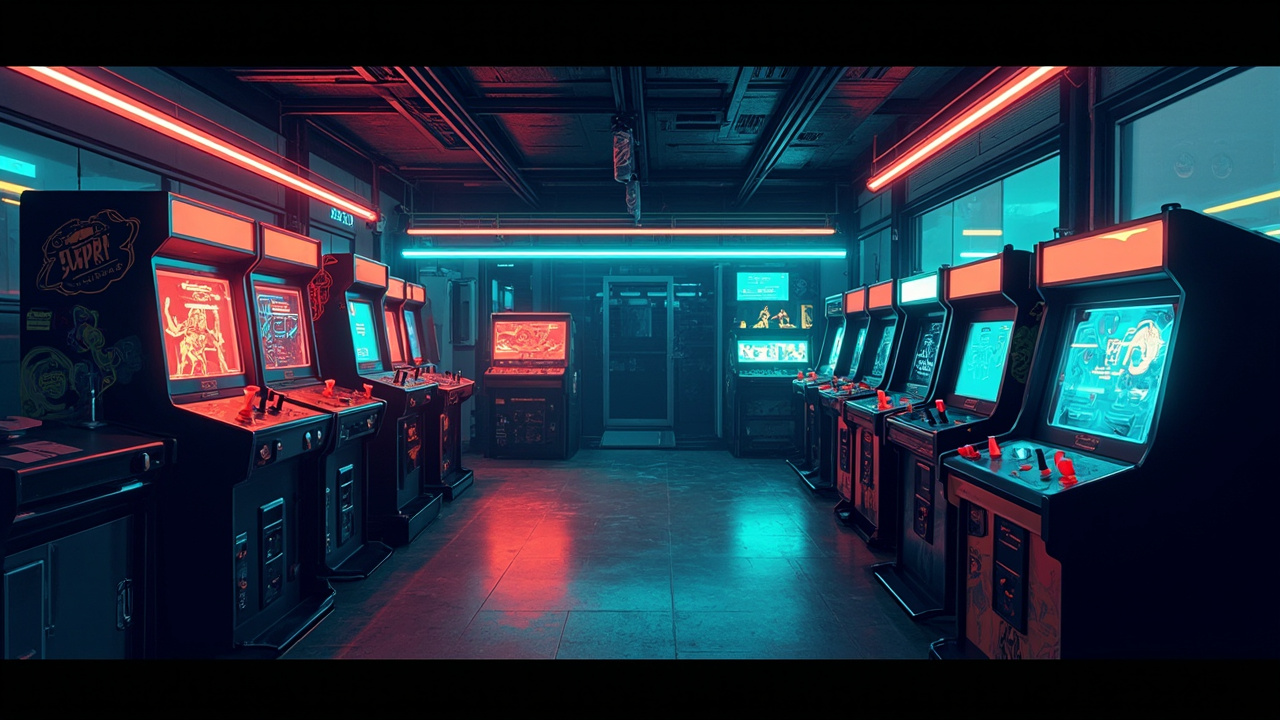 Illustration of a neon-lit retro arcade interior