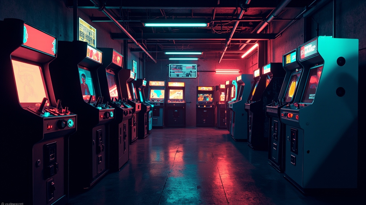 Illustration of a neon-lit retro arcade interior