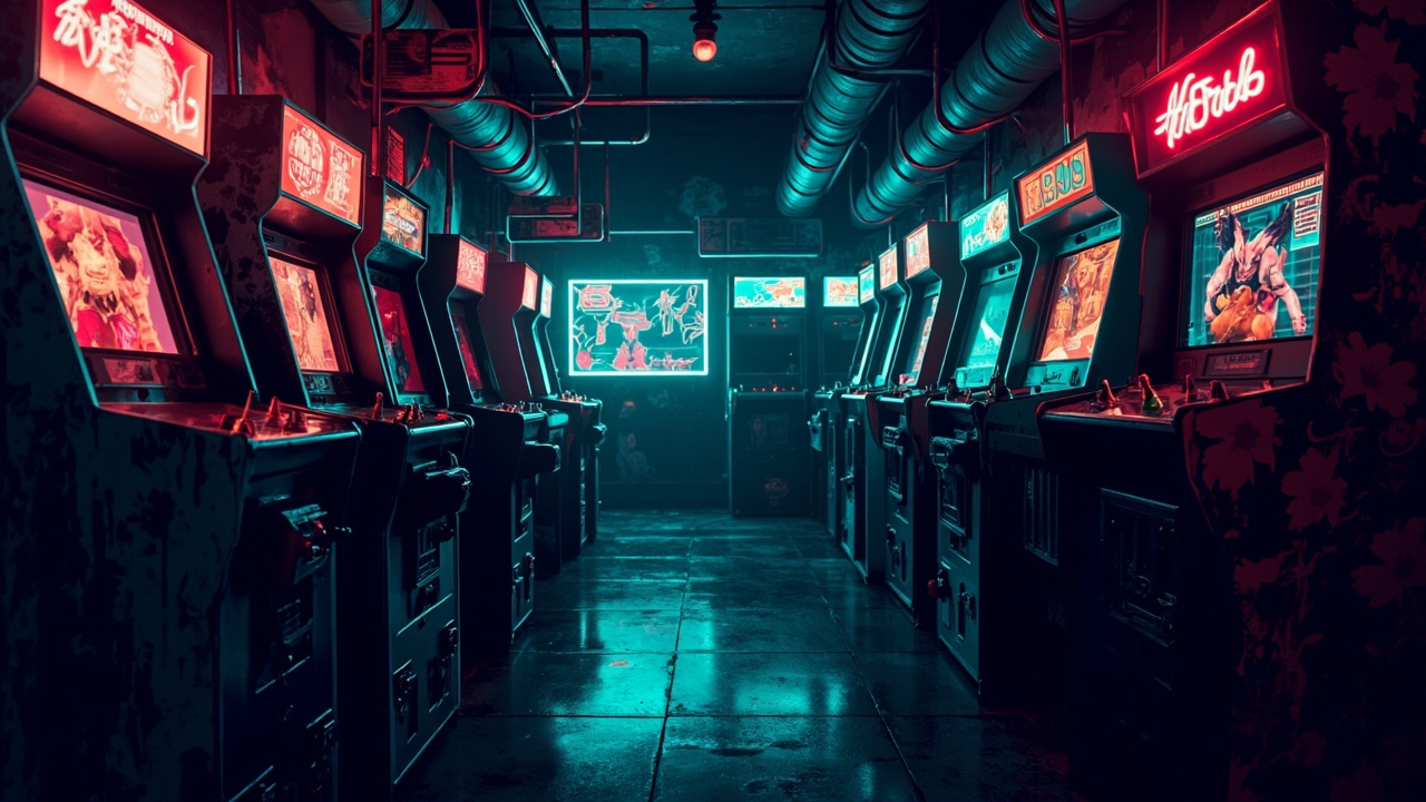 Illustration of a neon-lit retro arcade interior