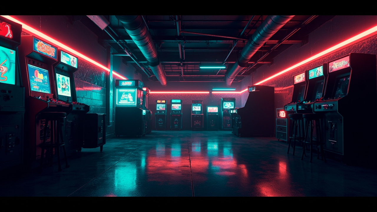 Illustration of a neon-lit retro arcade interior