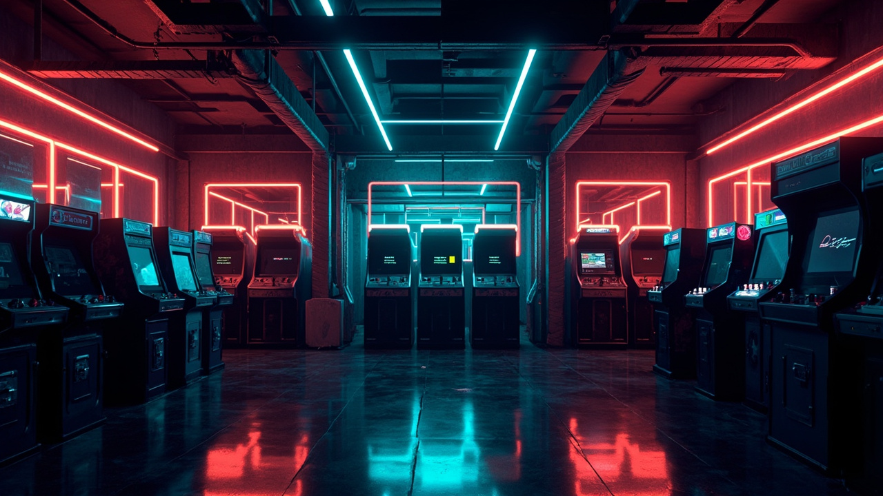 Illustration of a neon-lit retro arcade interior
