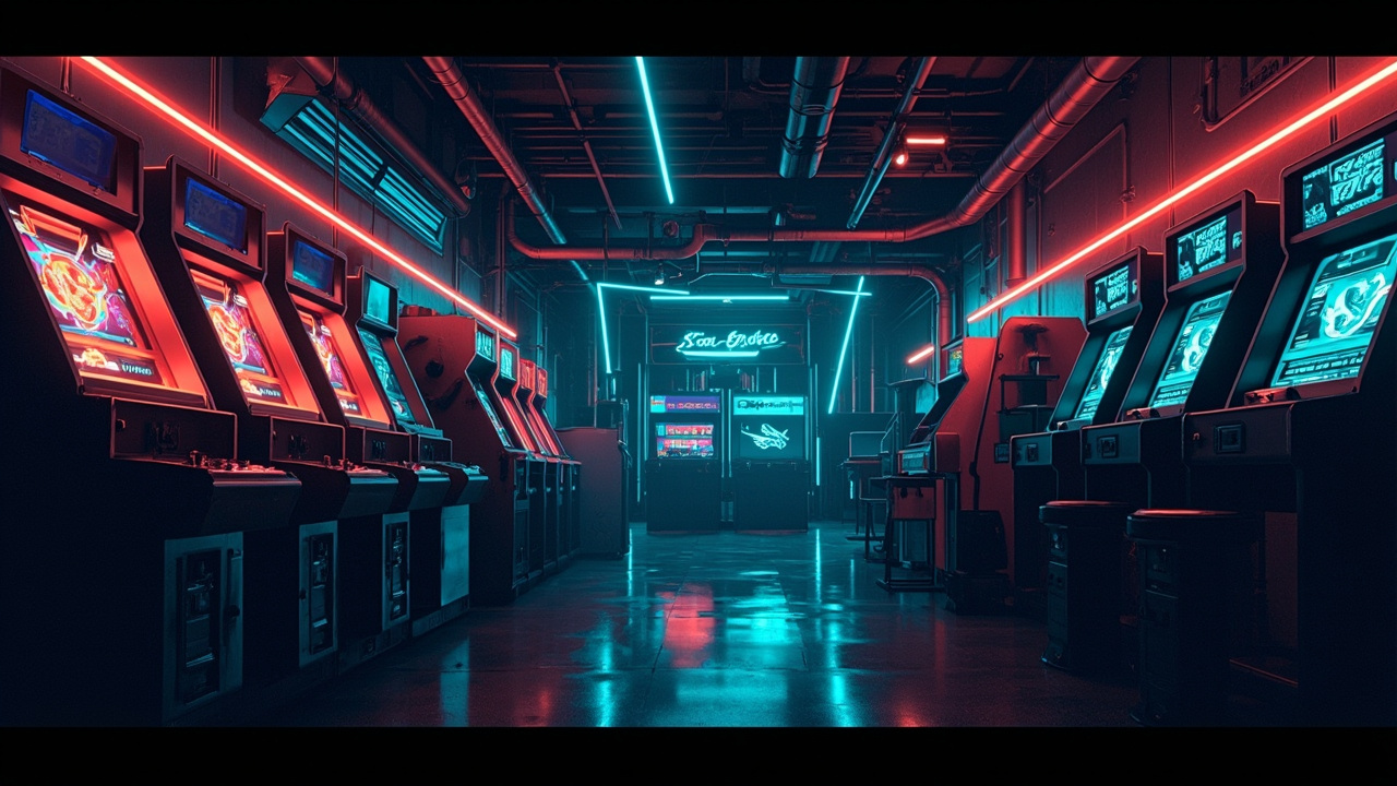 Illustration of a neon-lit retro arcade interior