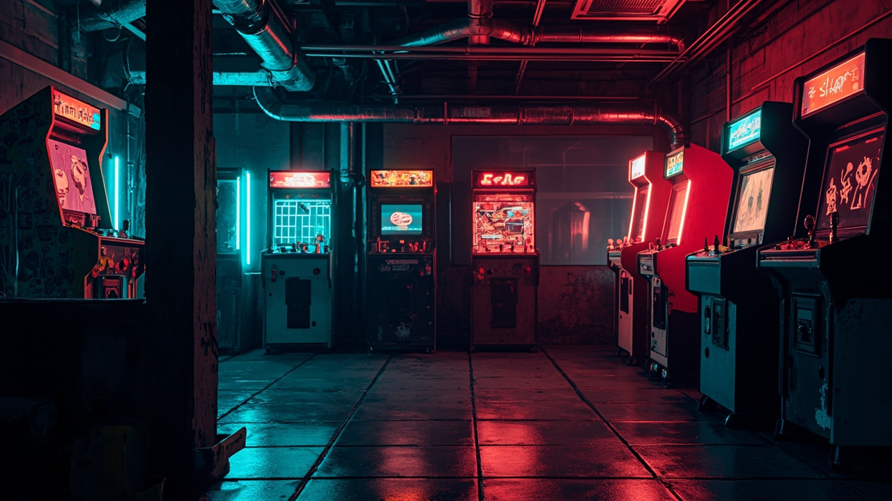Illustration of a neon-lit retro arcade interior
