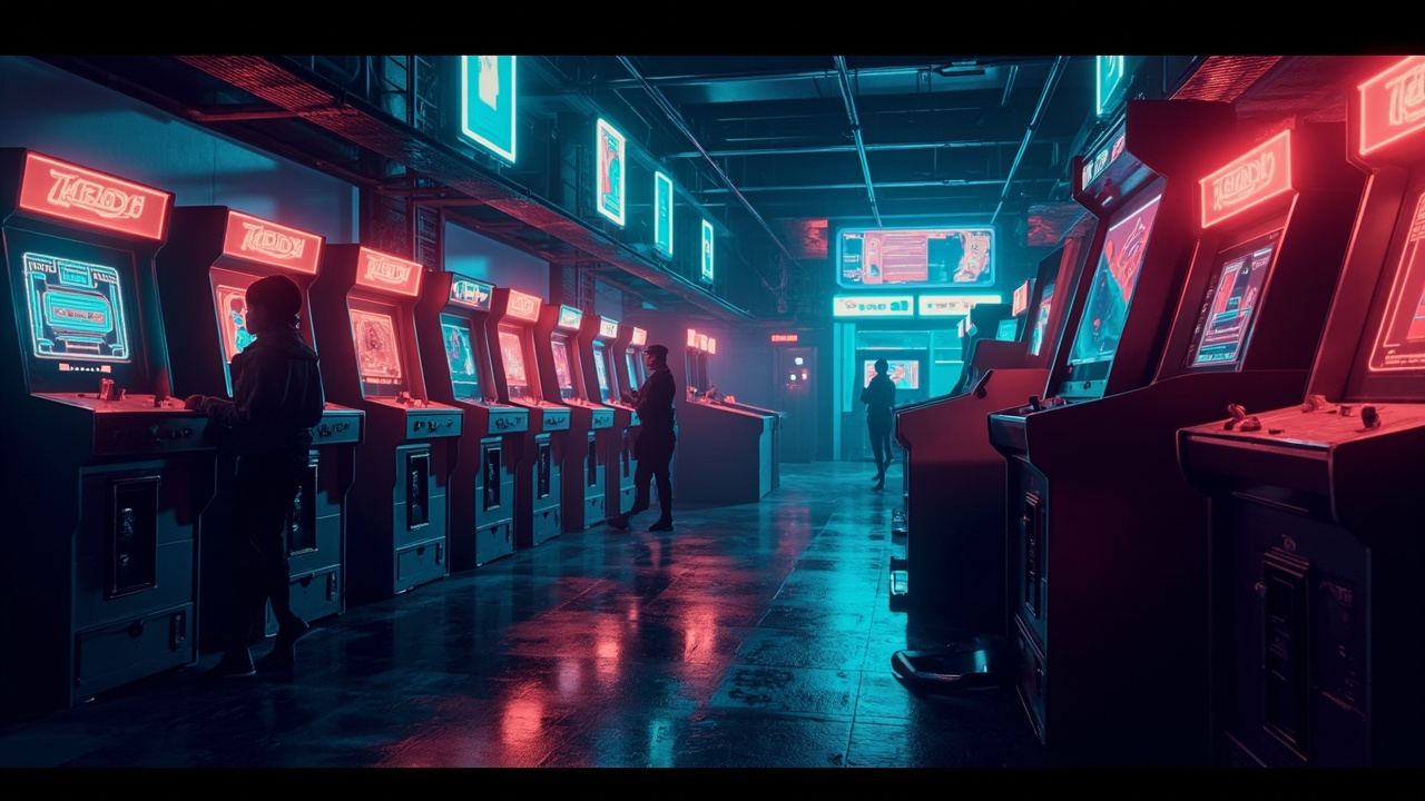 Illustration of a neon-lit retro arcade interior