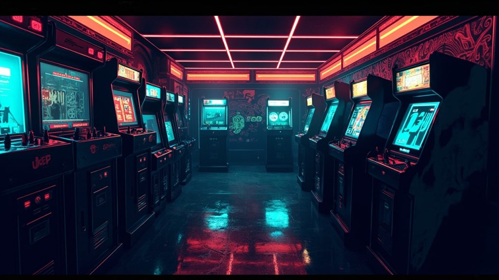 Illustration of a neon-lit retro arcade interior
